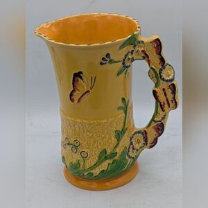 Vtg Burleigh Ware Butterfly Handle Pitcher 8.5" Yellow Art Deco Floral Jug Mint